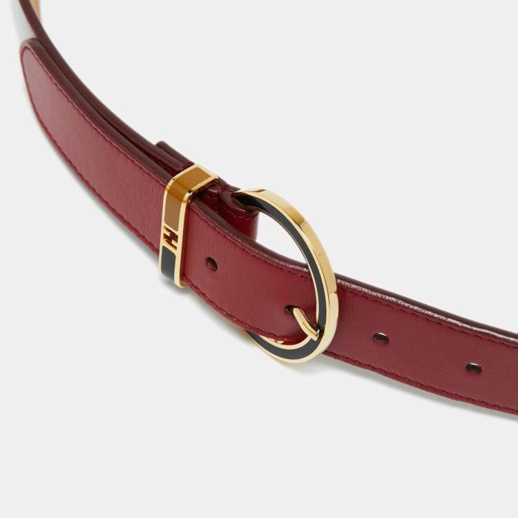 Pre Owned Fendi Red Leather Round Buckle Belt Size 90CM