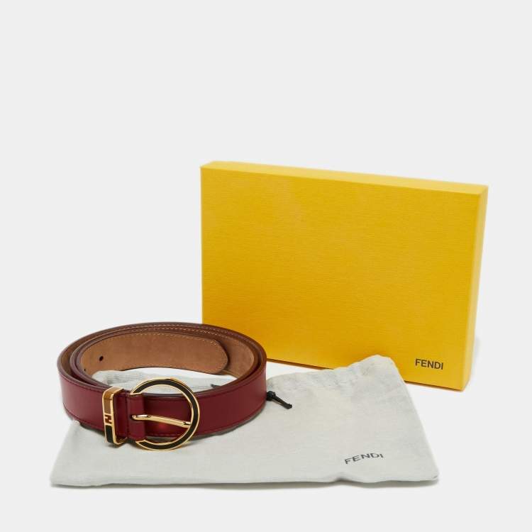 Pre Owned Fendi Red Leather Round Buckle Belt Size 90CM