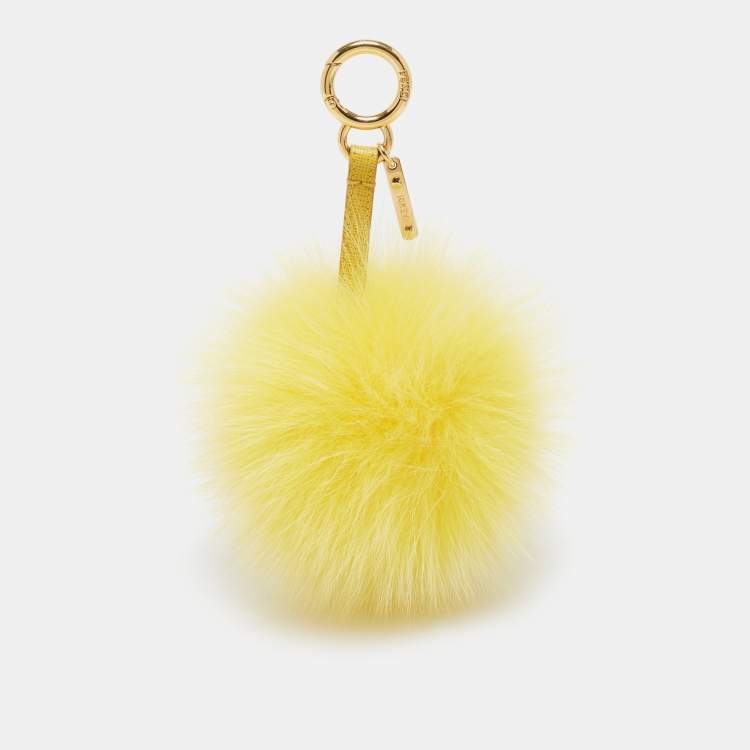 Pre Owned Fendi Yellow Fox Fur Leather Gold Tone Pom Pom Bag Charm
