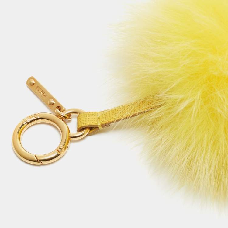 Pre Owned Fendi Yellow Fox Fur Leather Gold Tone Pom Pom Bag Charm