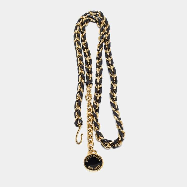Pre Owned Fendi Black Leather Chain Logo Waist Belt
