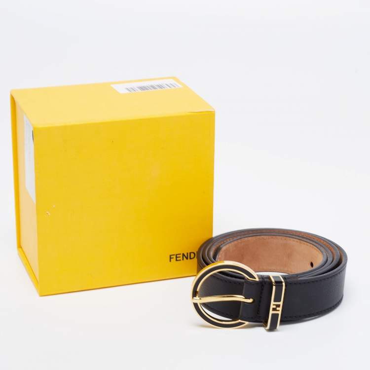 Pre Owned Fendi Black Leather Round Buckle Belt Size 95CM