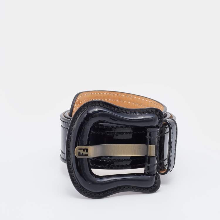 Pre Owned Fendi Black Patent Leather Buckle B Waist Belt 65CM