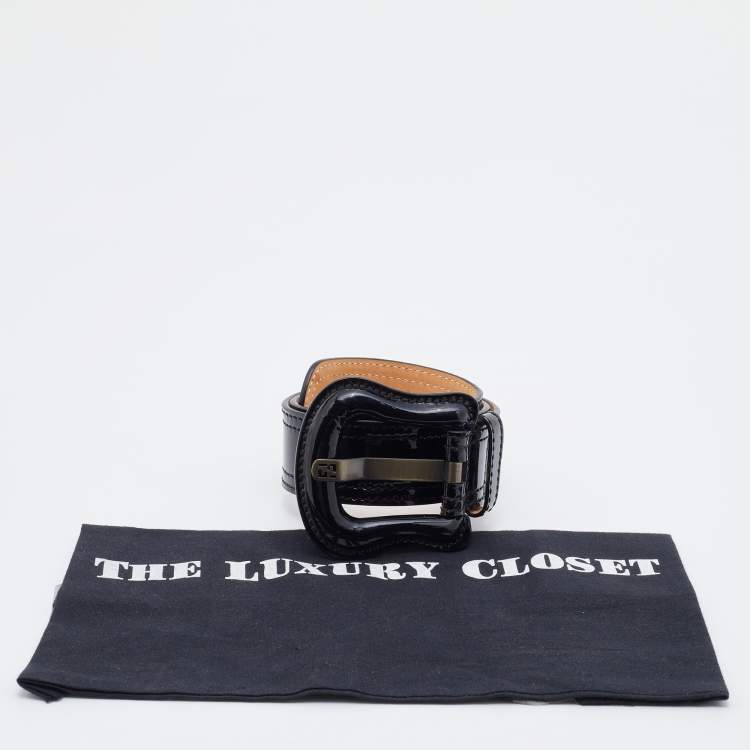 Pre Owned Fendi Black Patent Leather Buckle B Waist Belt 65CM