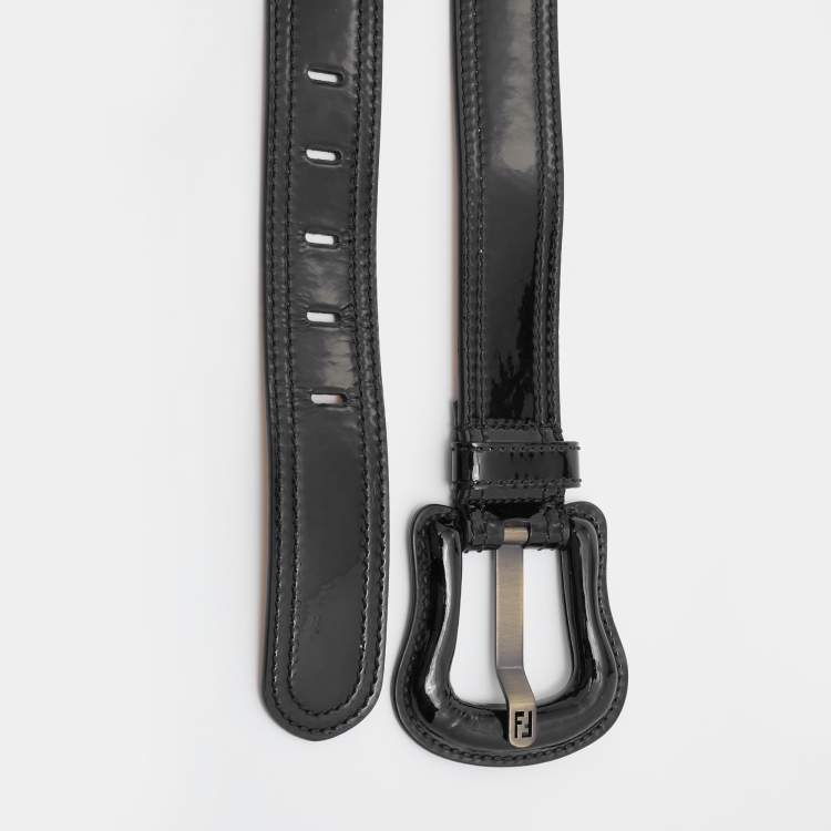 Pre Owned Fendi Black Patent Leather Buckle B Waist Belt 65CM