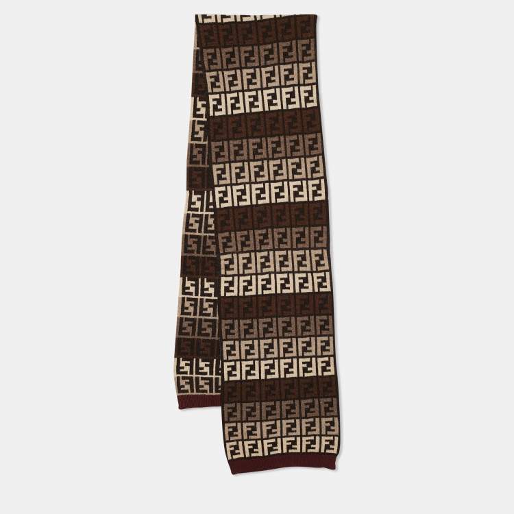 Fendi Brown Zucca Intarsia Knit Wool Blend Scarf Fendi TLC US