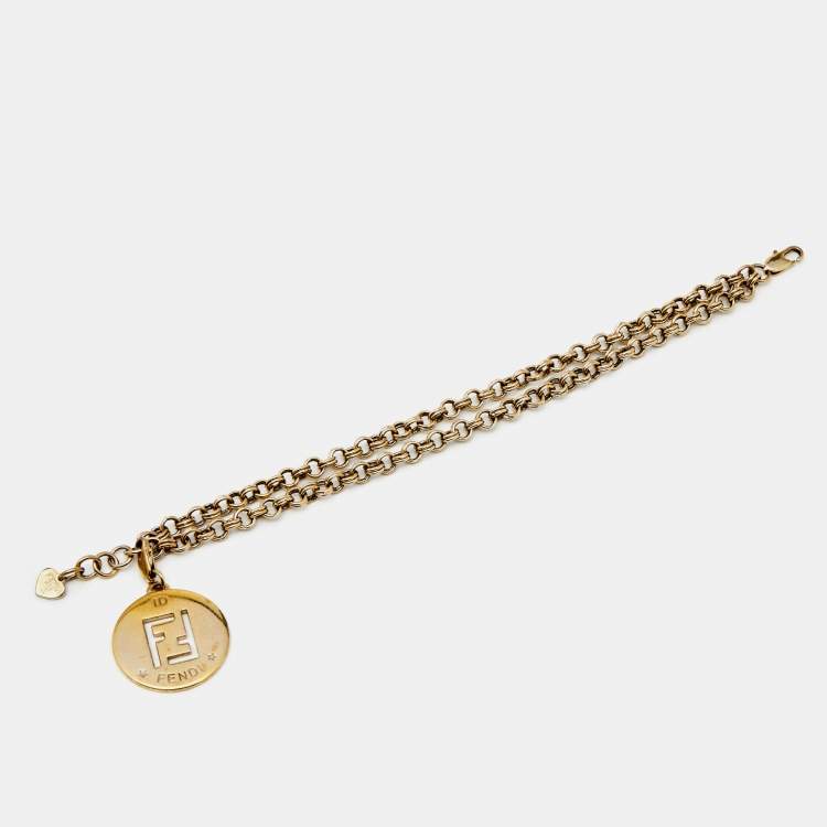 Pre Owned Fendi Gold Tone Double Chain Identification Charm Bracelet