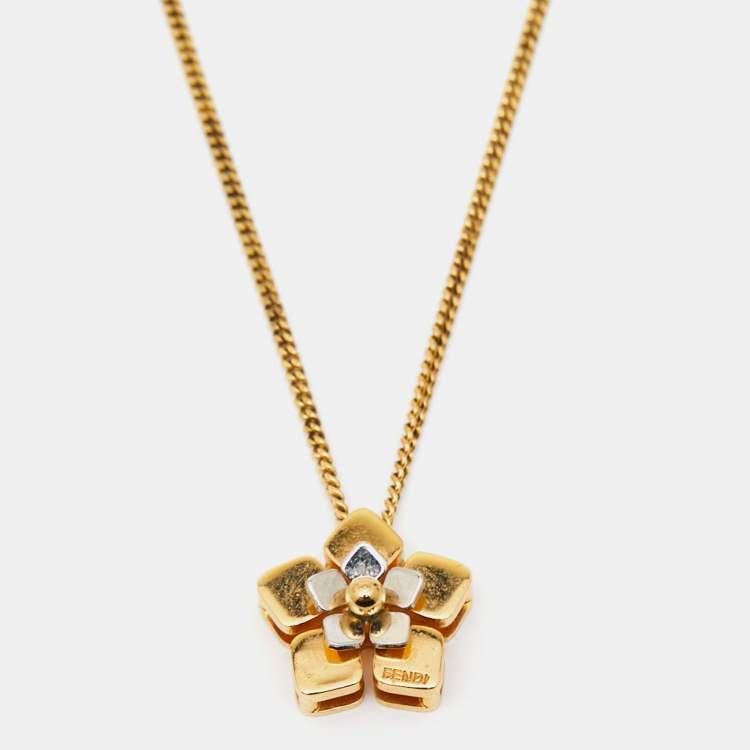 Pre Owned Fendi  Blossom Flower Two Tone Pedant Necklace 