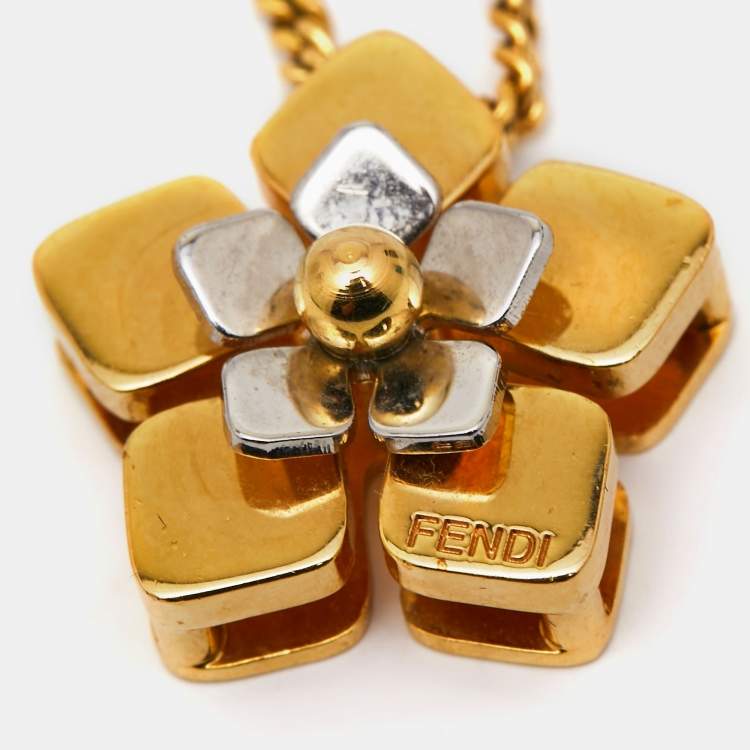 Pre Owned Fendi  Blossom Flower Two Tone Pedant Necklace 