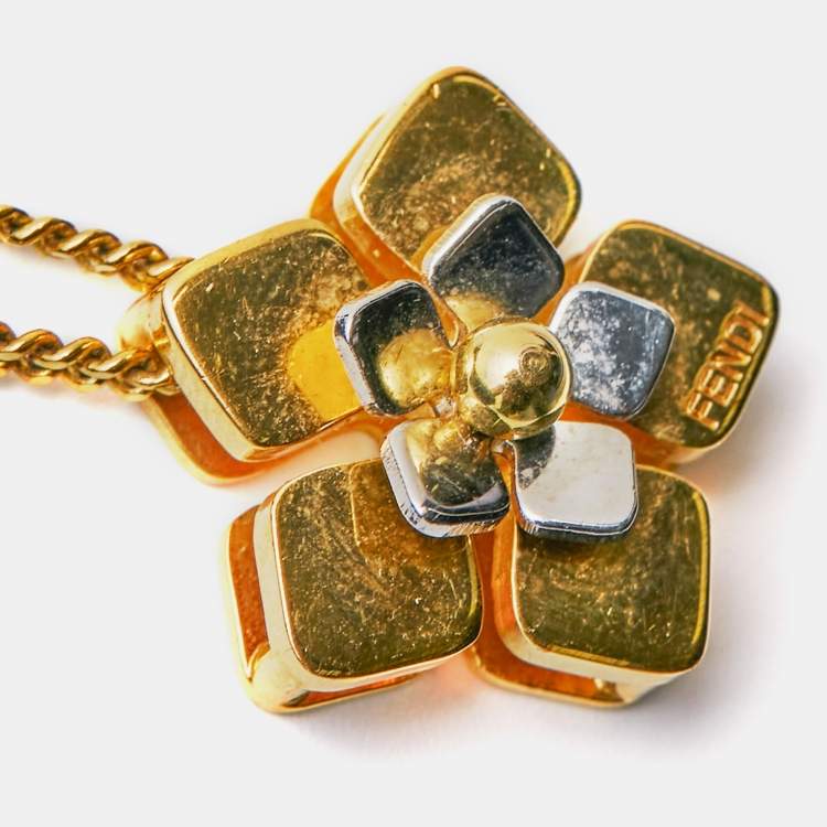 Pre Owned Fendi  Blossom Flower Two Tone Pedant Necklace 