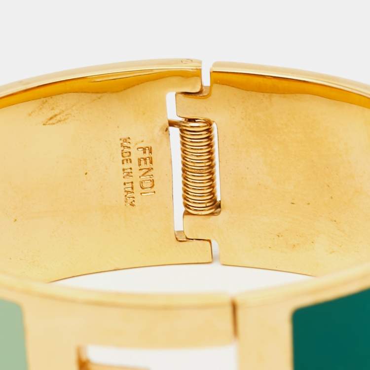 Pre Owned Fendi Fendista Bi-color Enamel Gold Tone Wide Bracelet S