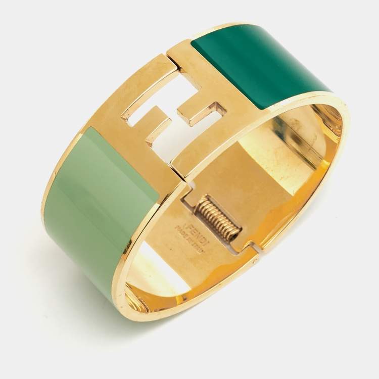 Pre Owned Fendi Fendista Bi-color Enamel Gold Tone Wide Bracelet S