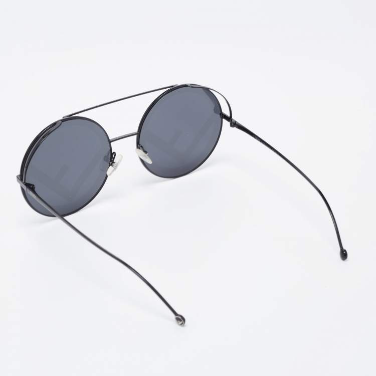 Pre Owned Fendi Black Tone/Grey Logo Mirrored FF 0285/S Round Sunglasses