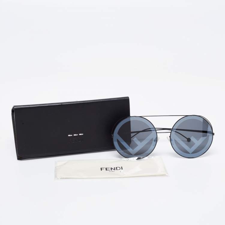 Pre Owned Fendi Black Tone/Grey Logo Mirrored FF 0285/S Round Sunglasses