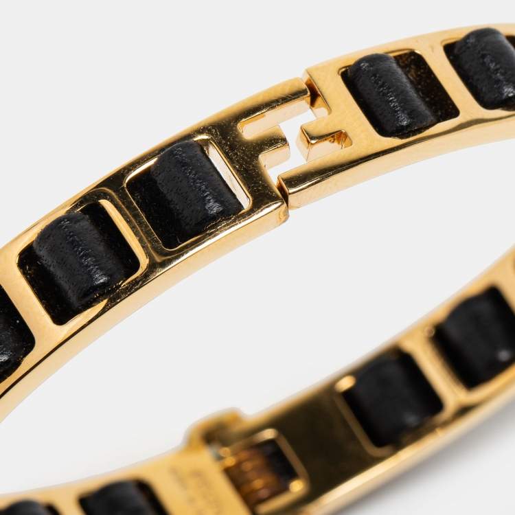 Pre Owned Fendi Black Leather Gold Tone Chain Link Woven Bracelet S