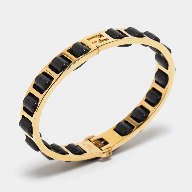 Pre Owned Fendi Black Leather Gold Tone Chain Link Woven Bracelet S