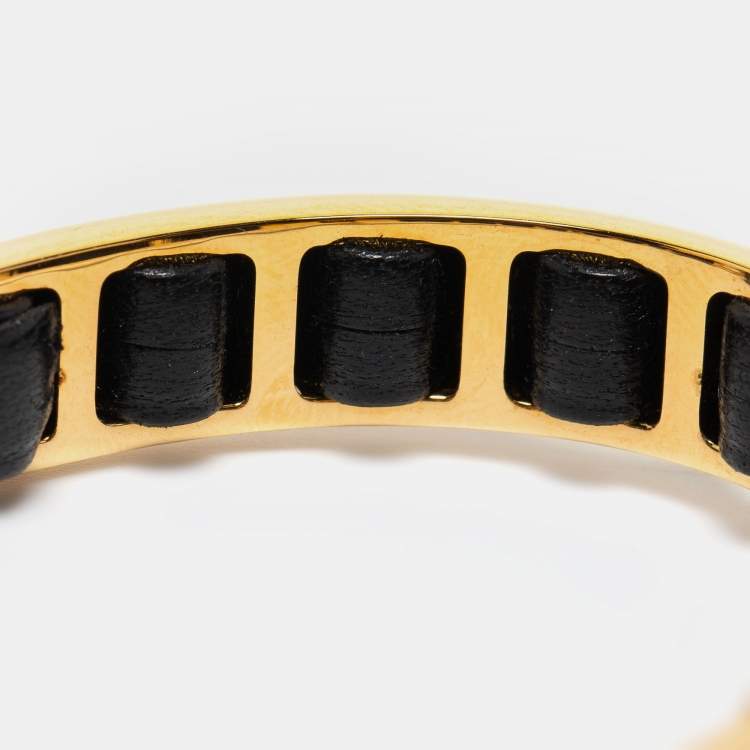 Pre Owned Fendi Black Leather Gold Tone Chain Link Woven Bracelet S