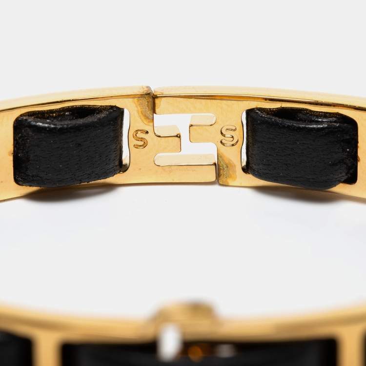 Pre Owned Fendi Black Leather Gold Tone Chain Link Woven Bracelet S