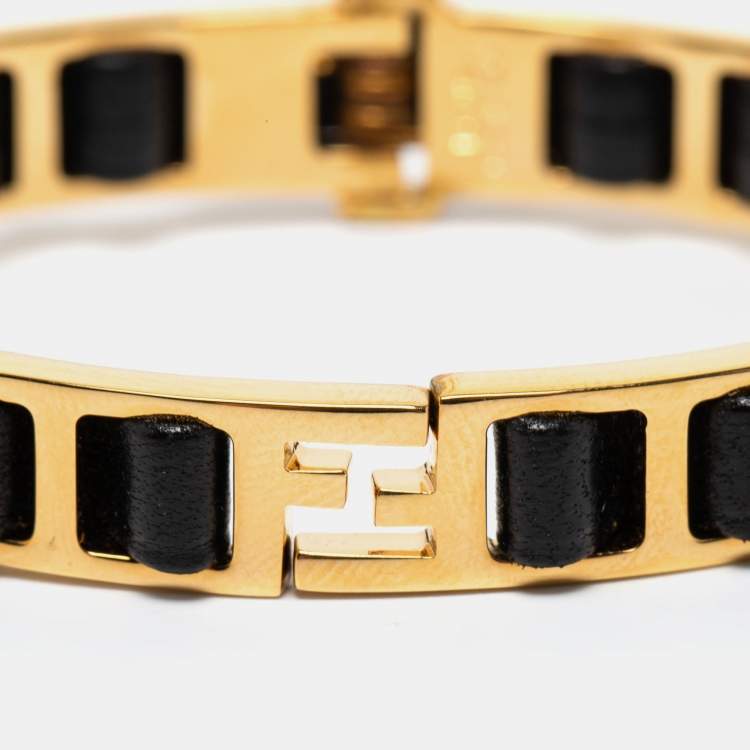 Pre Owned Fendi Black Leather Gold Tone Chain Link Woven Bracelet S