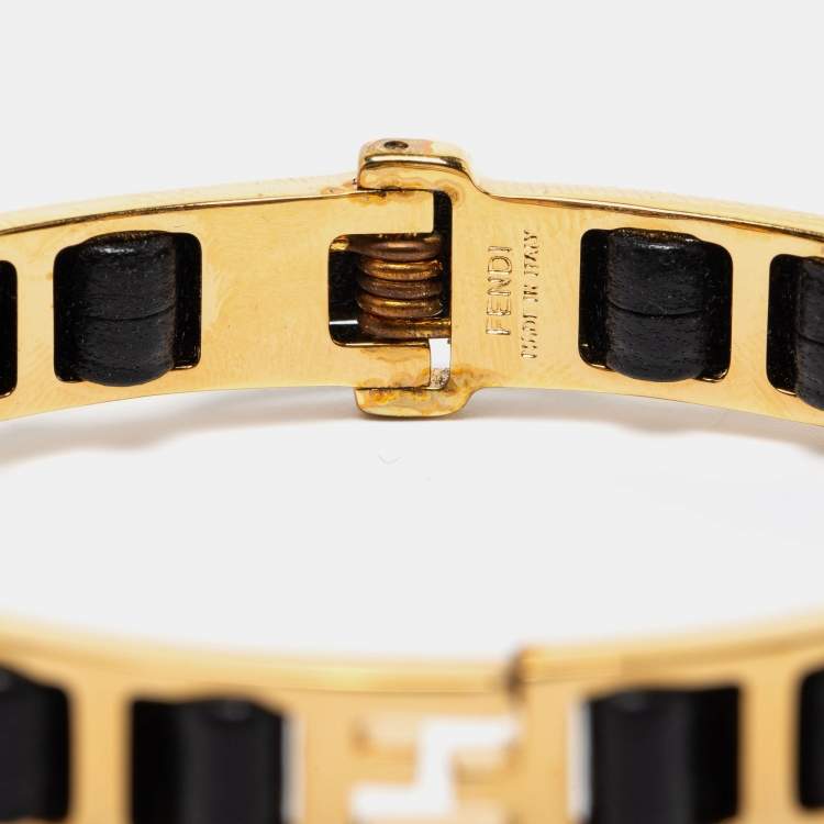Pre Owned Fendi Black Leather Gold Tone Chain Link Woven Bracelet S