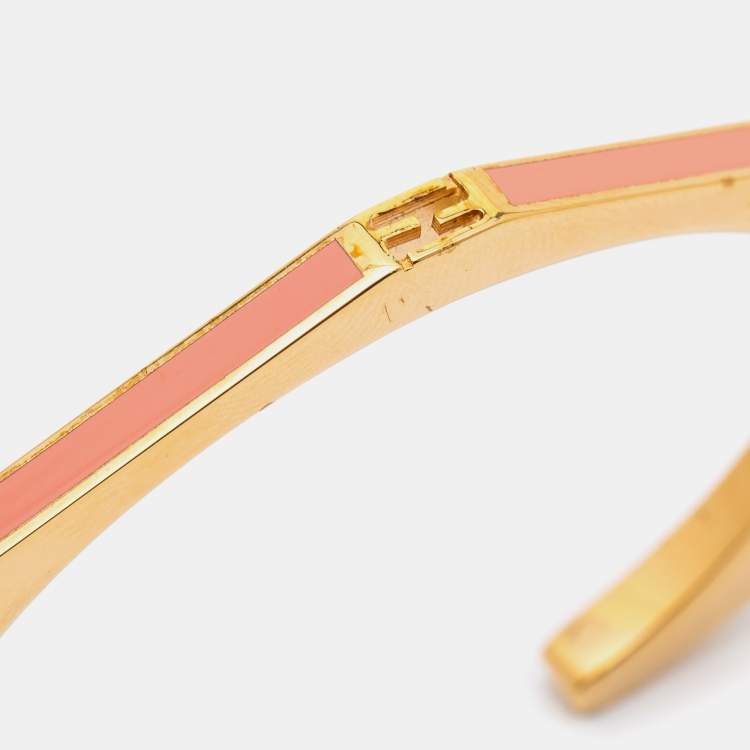 Pre Owned Fendi Pink Enamel Baguette Bracelet & Ring Set S