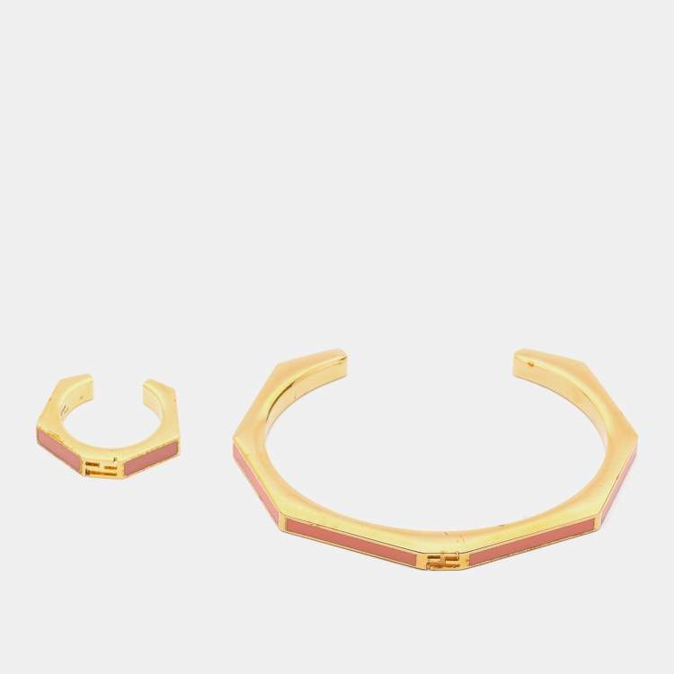 Pre Owned Fendi Pink Enamel Baguette Bracelet & Ring Set S