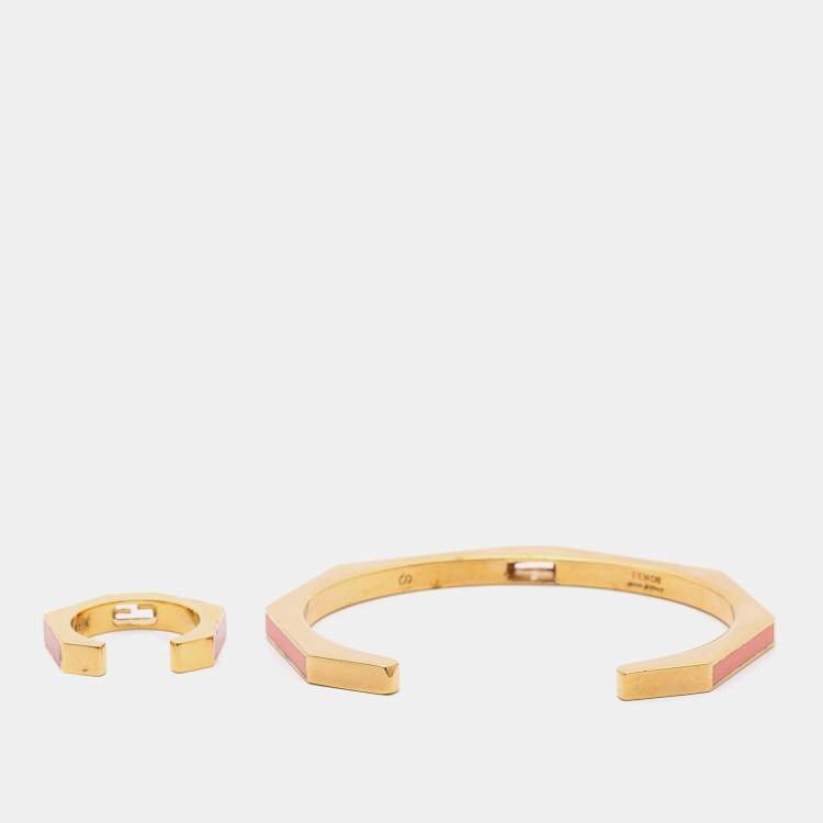 Pre Owned Fendi Pink Enamel Baguette Bracelet & Ring Set S