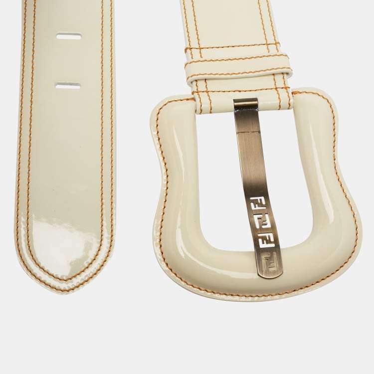 Pre Owned Fendi White Patent Leather B Buckle Waist Belt 85 CM