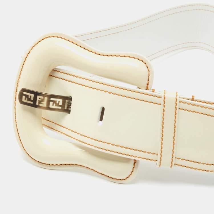 Pre Owned Fendi White Patent Leather B Buckle Waist Belt 85 CM