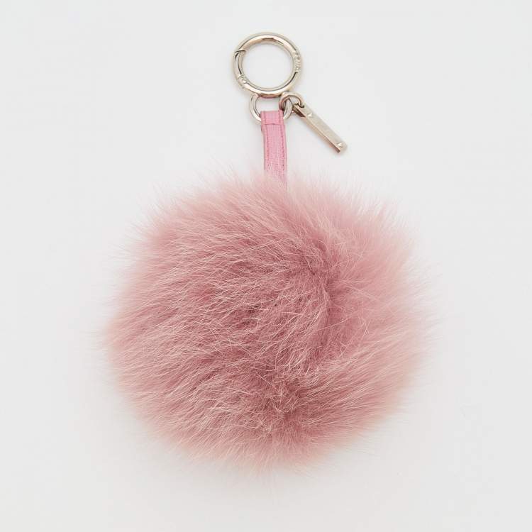 Pre Owned Fendi Dusty Pink Pom Pom Fur and Leather Bag Charm