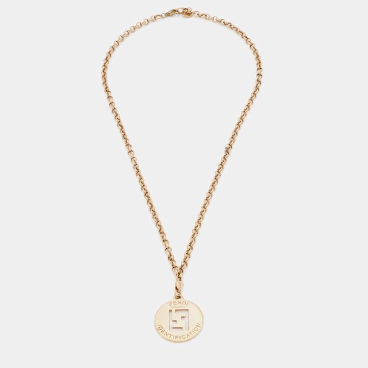 Pre Owned Fendi Identification Gold Tone Metal Pendant Necklace