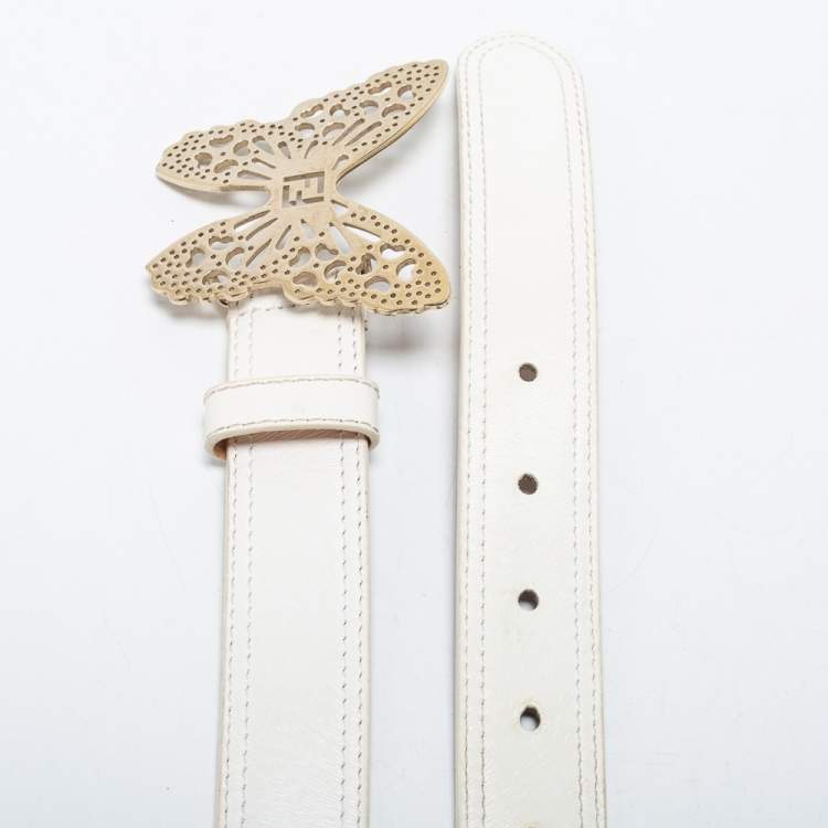 Pre Owned Fendi White Leather Butterfly Buckle Belt 90 CM