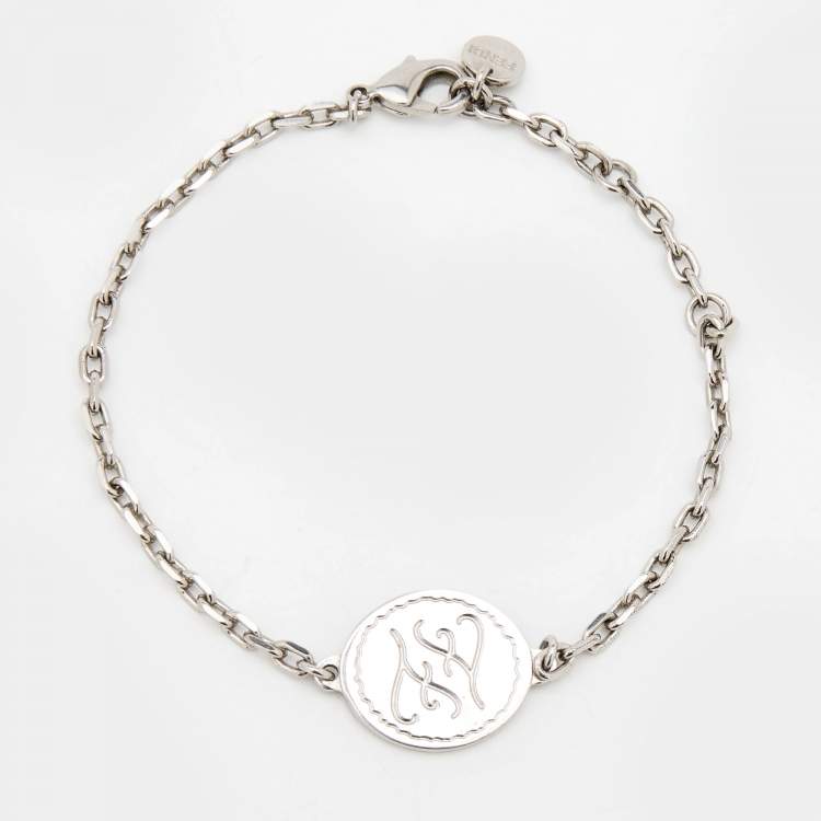 Pre Owned Fendi Silver Tone FF Tag Chain Bracelet