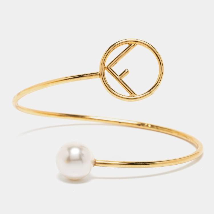 Pre Owned Fendi F is Fendi Faux Pearl Gold Tone Cuff Bracelet