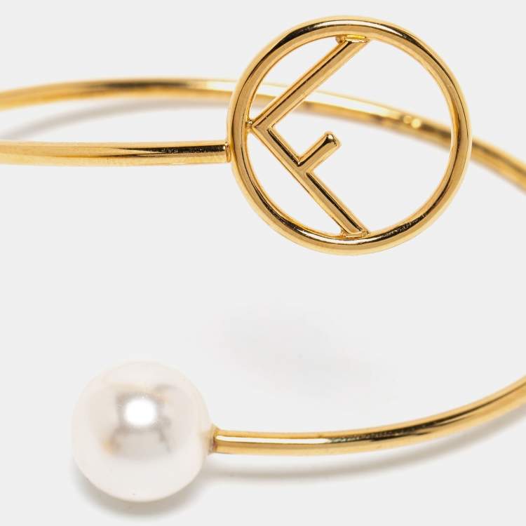 Pre Owned Fendi F is Fendi Faux Pearl Gold Tone Cuff Bracelet