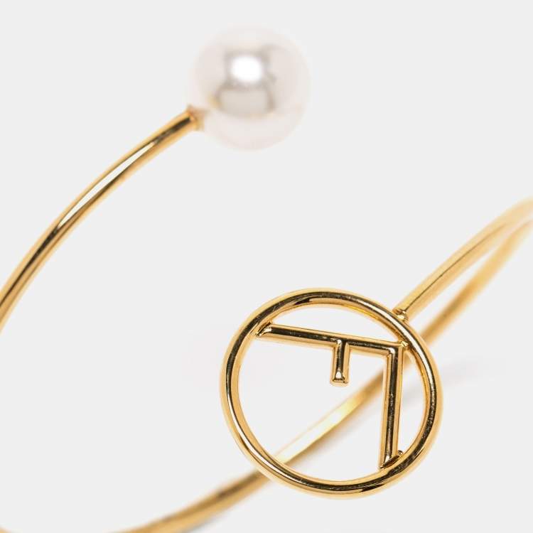 Pre Owned Fendi F is Fendi Faux Pearl Gold Tone Cuff Bracelet