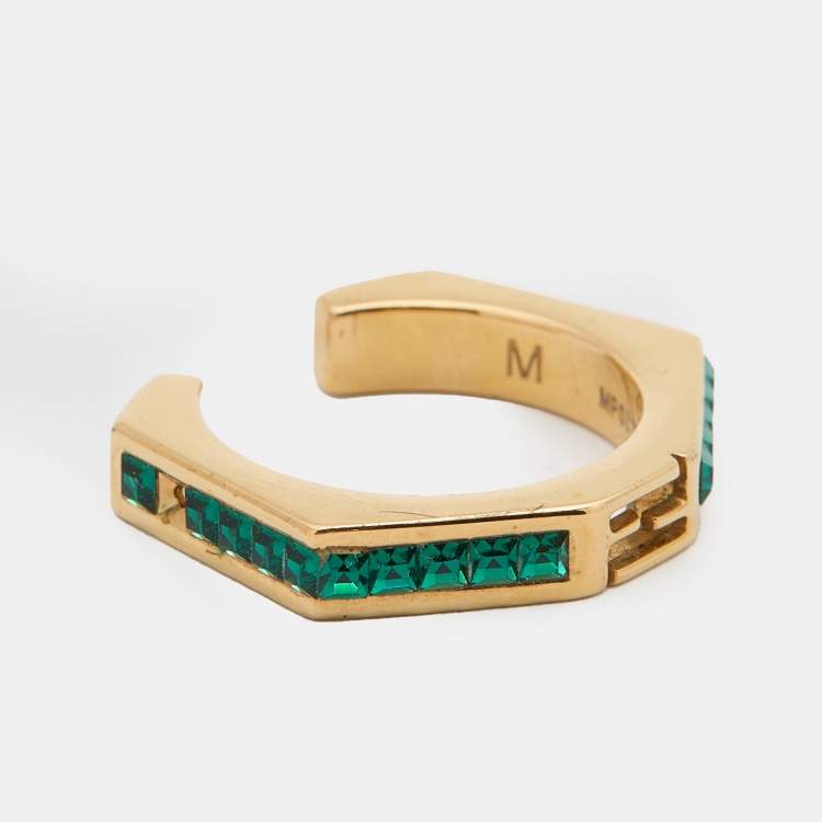 Pre Owned Fendi Gold Tone & Green Crystal Studded Baguette Ring Size 54
