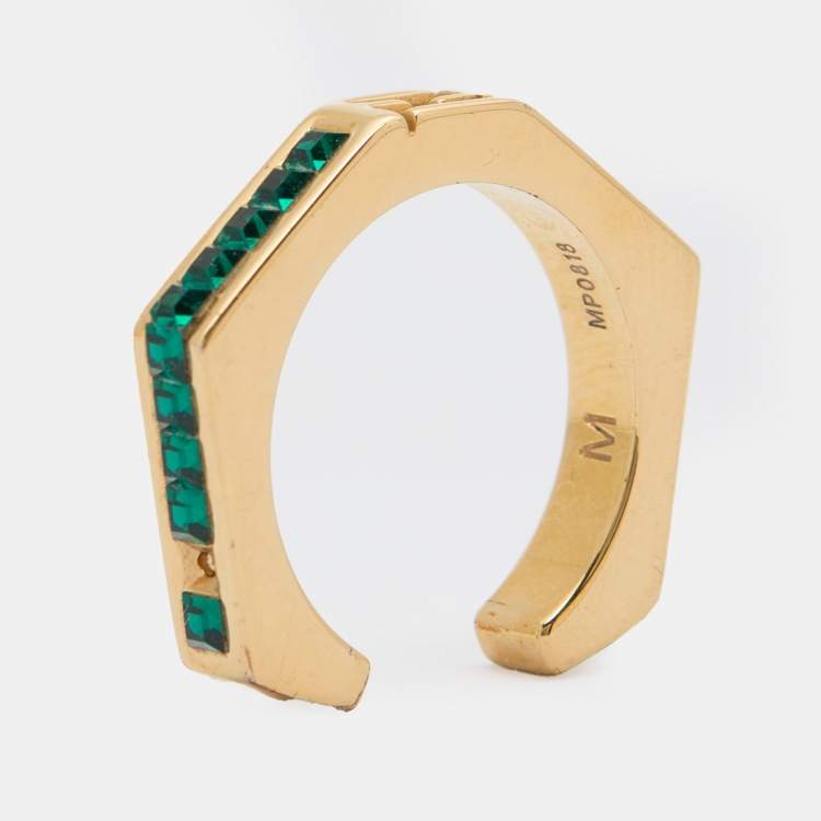 Fendi Gold Tone & Green Crystal Studded Baguette Ring Size 54