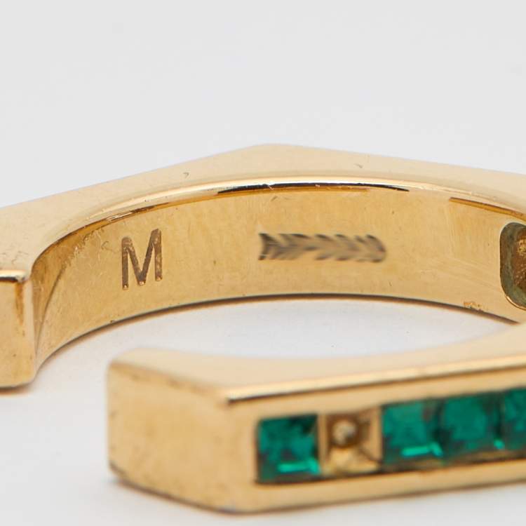 Pre Owned Fendi Gold Tone & Green Crystal Studded Baguette Ring Size 54