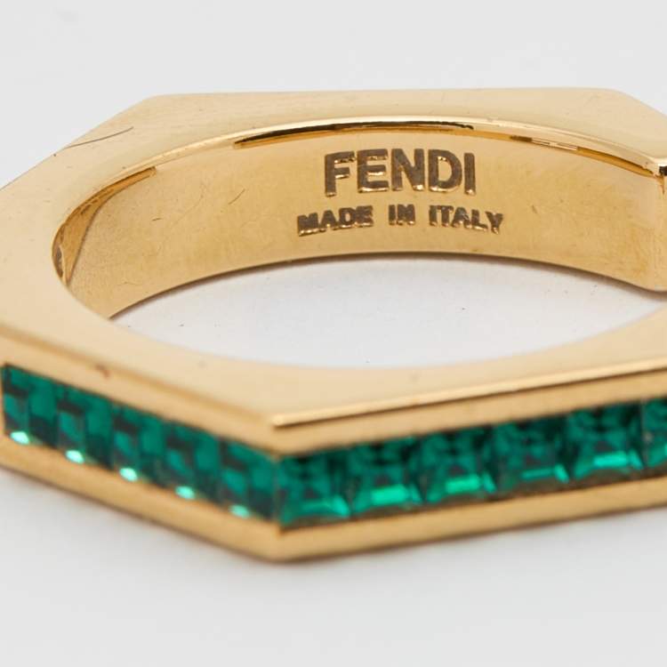 Pre Owned Fendi Gold Tone & Green Crystal Studded Baguette Ring Size 54