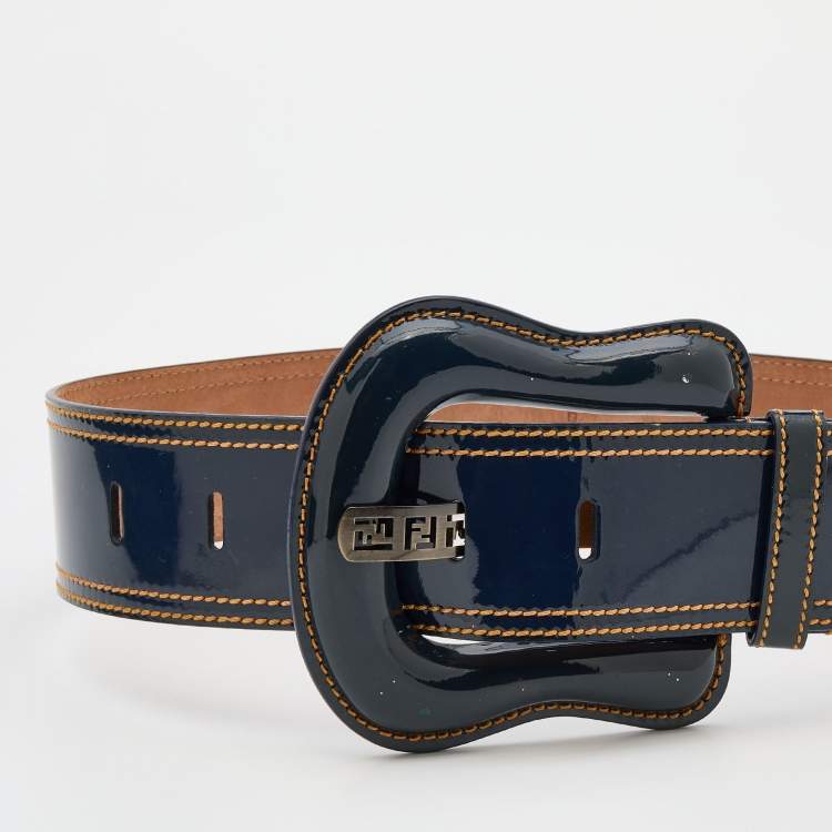 Pre Owned Fendi Blue Patent Leather B Buckle Waist Belt 75CM
