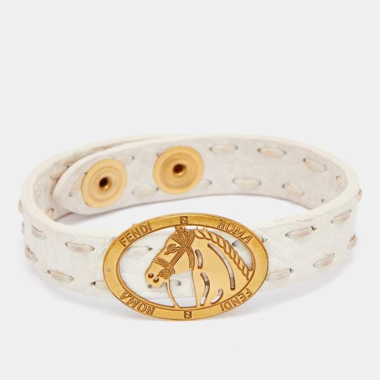 Pre Owned Fendi White Leather Selleria Horse Motif Wrap Bracelet