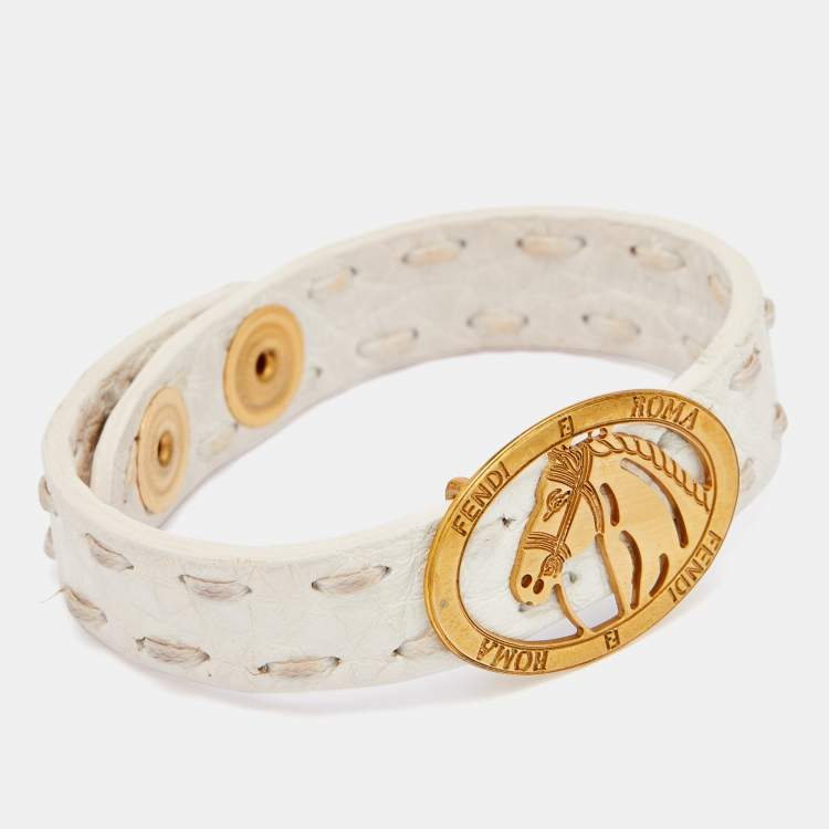 Pre Owned Fendi White Leather Selleria Horse Motif Wrap Bracelet