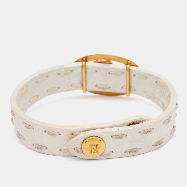 Pre Owned Fendi White Leather Selleria Horse Motif Wrap Bracelet