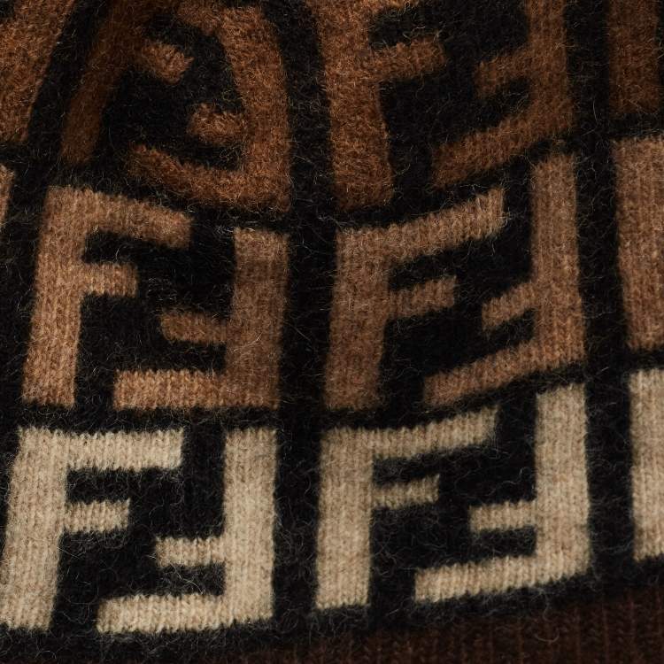Pre Owned Fendi Brown Zucca FF Logo Wool Blend Beanie