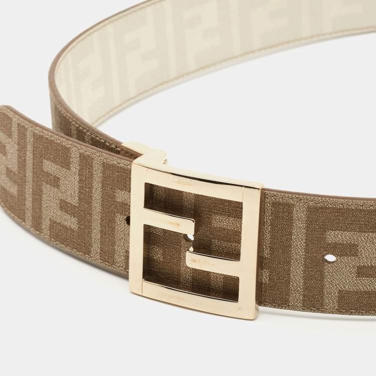 Pre Owned Fendi Beige/Brown Zucca Coated Canvas FF Logo Reversible Belt 90CM