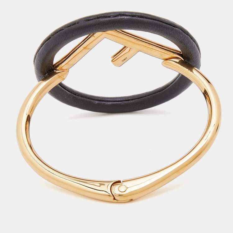 Pre Owned Fendi Black Leather F is Fendi Hinged Bracelet S
