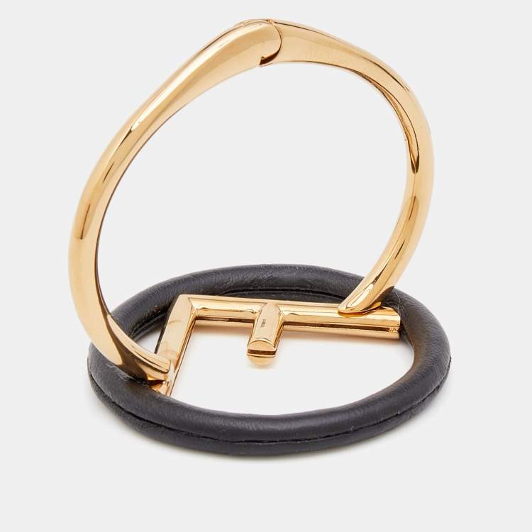 Pre Owned Fendi Black Leather F is Fendi Hinged Bracelet S