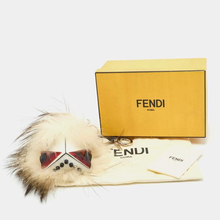 Pre Owned Fendi Mulitcolor Fox Fur and Leather Eye Studded Cube Monster Bag Charm