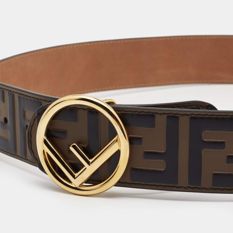 Pre Owned Fendi Brown/Black Zucca Embossed Leather F Buckle Belt 90CM